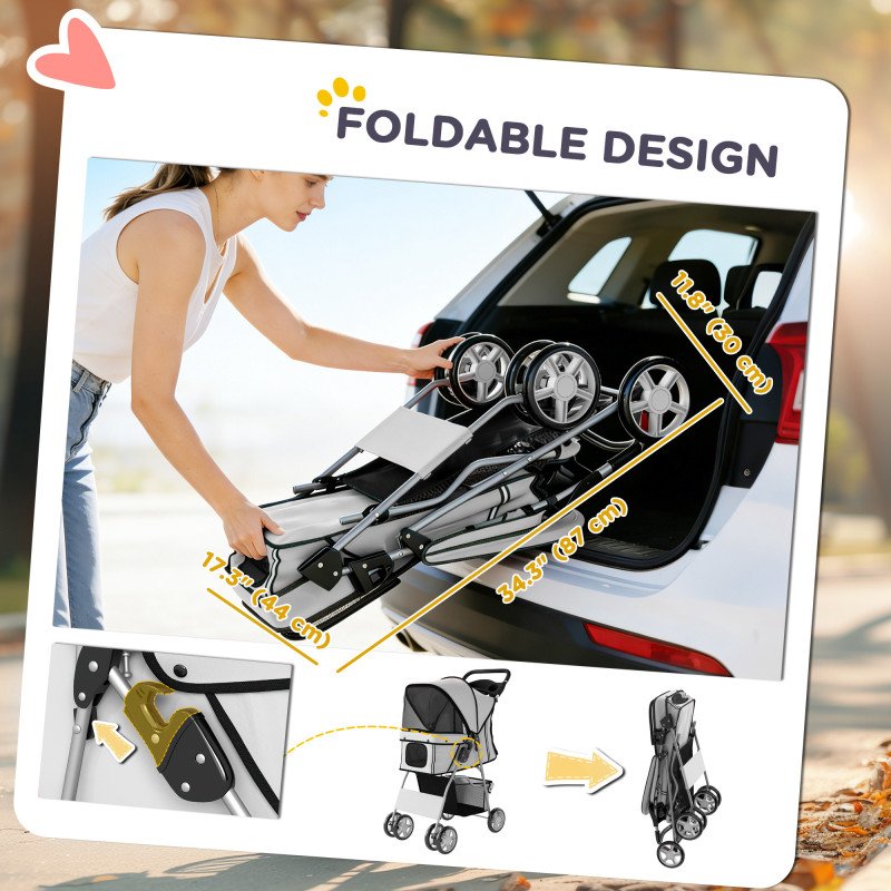 Pet Stroller for Dogs & Cats, Foldable Dog Stroller with Wheels, Reflective Strips, Brake, Pad and Basket, Grey