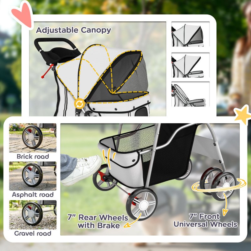Pet Stroller for Dogs & Cats, Foldable Dog Stroller with Wheels, Reflective Strips, Brake, Pad and Basket, Grey