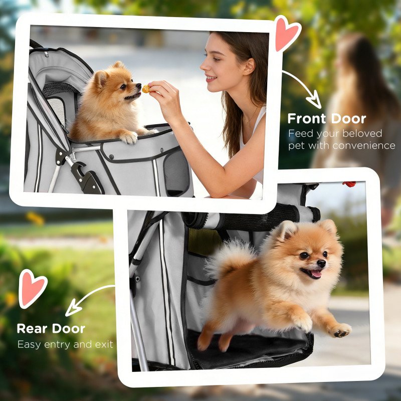 Pet Stroller for Dogs & Cats, Foldable Dog Stroller with Wheels, Reflective Strips, Brake, Pad and Basket, Grey