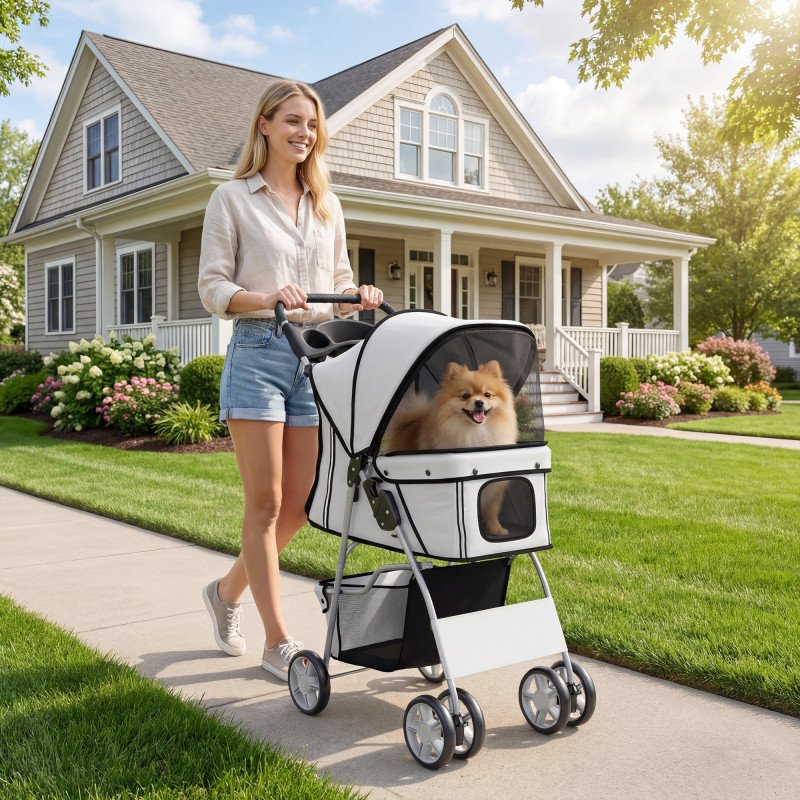 Pet Stroller for Dogs & Cats, Foldable Dog Stroller with Wheels, Reflective Strips, Brake, Pad and Basket, Grey