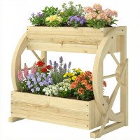 Wooden Wagon Planter Box, 2-Tier Raised Garden Bed, for Vegetables Flowers Herbs, Natural