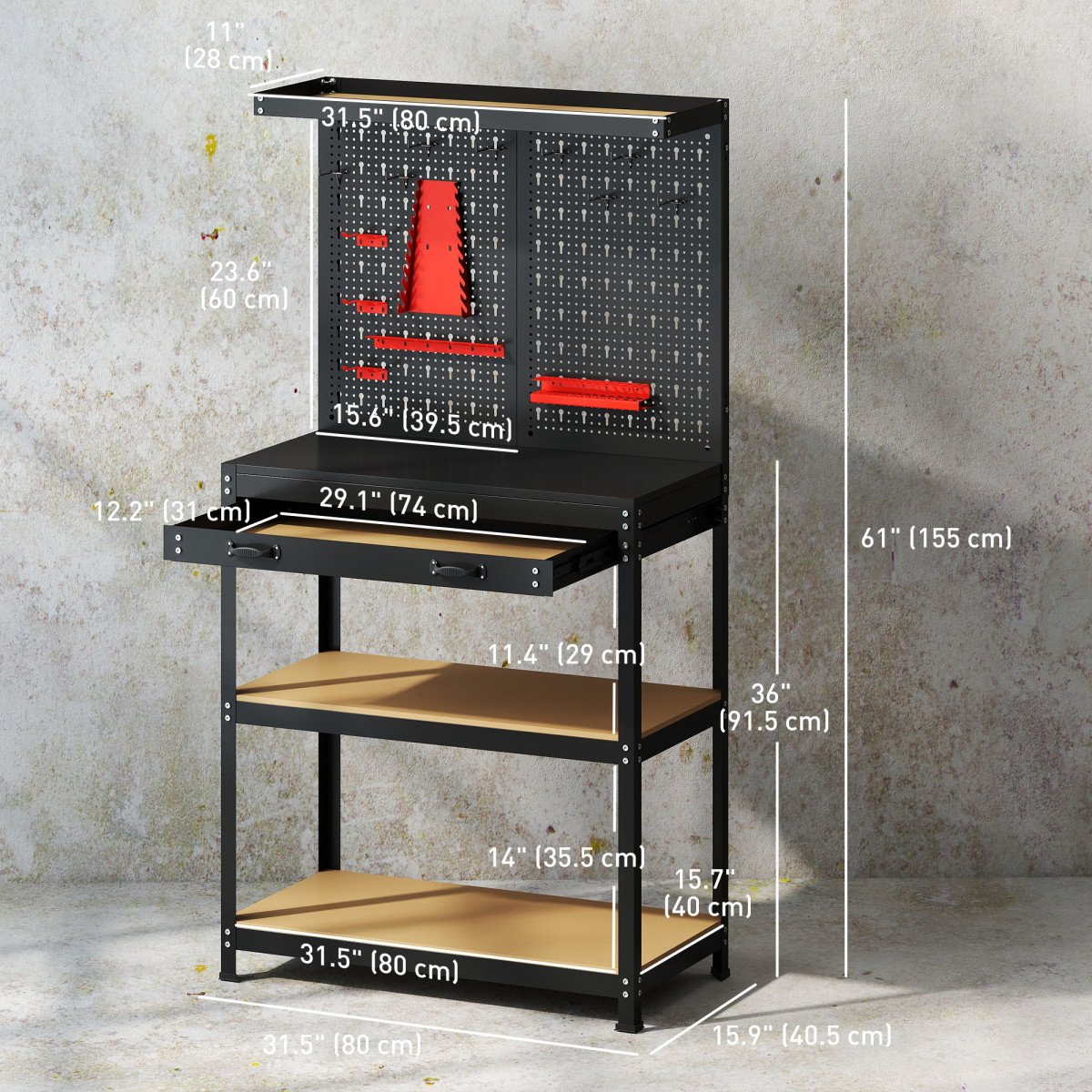 Work Bench with Pegboard, 31.5" Heavy Duty Metal Workbench with Hanging Kits, 2 Lower Shelves and Large Drawer, Black