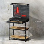 Work Bench with Pegboard, 31.5" Heavy Duty Metal Workbench with Hanging Kits, 2 Lower Shelves and Large Drawer, Black
