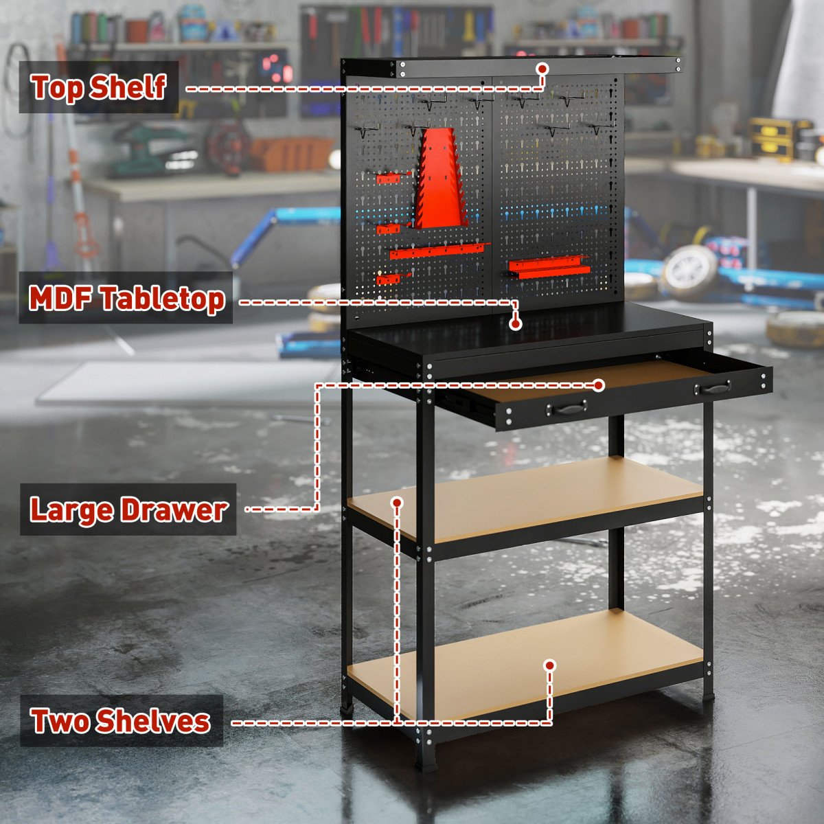 Work Bench with Pegboard, 31.5" Heavy Duty Metal Workbench with Hanging Kits, 2 Lower Shelves and Large Drawer, Black