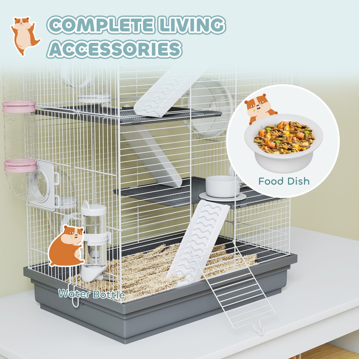 4-Level Large Hamster Cage with DIY Tubes, Water Bottle, Food Dish, Hut, Exercise Wheels, Grey