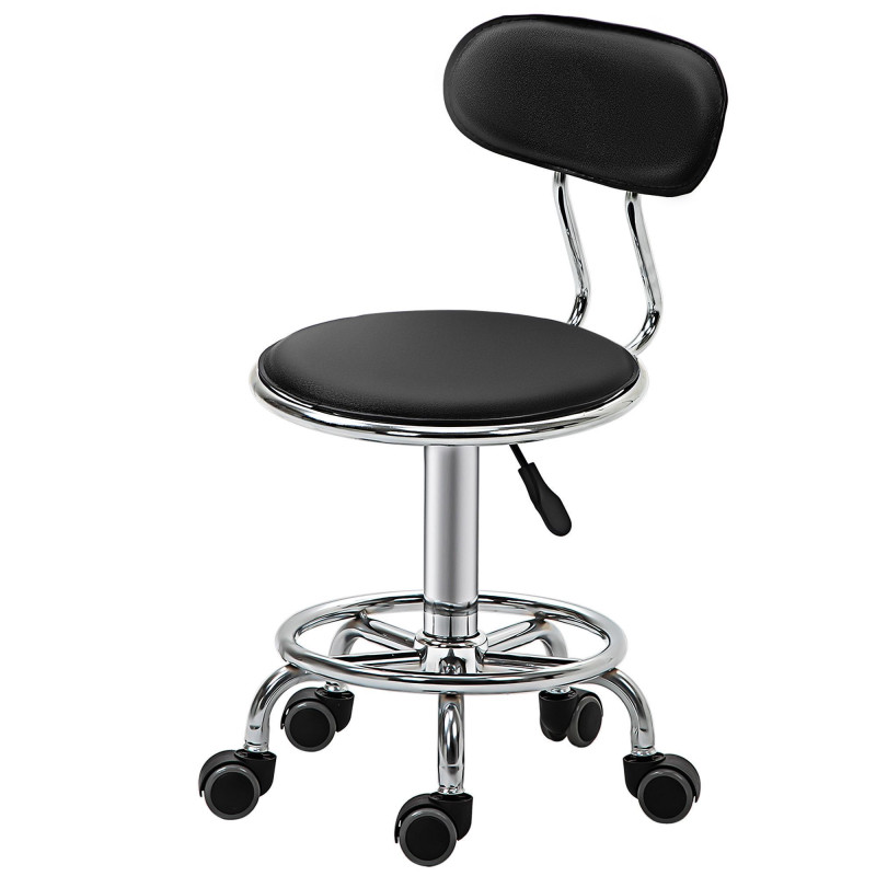 Faux Leather Salon Stool, Height Adjustable Rolling Stool with Footrest Ring, Back and Wheels for Beauty, Tattoo, Black
