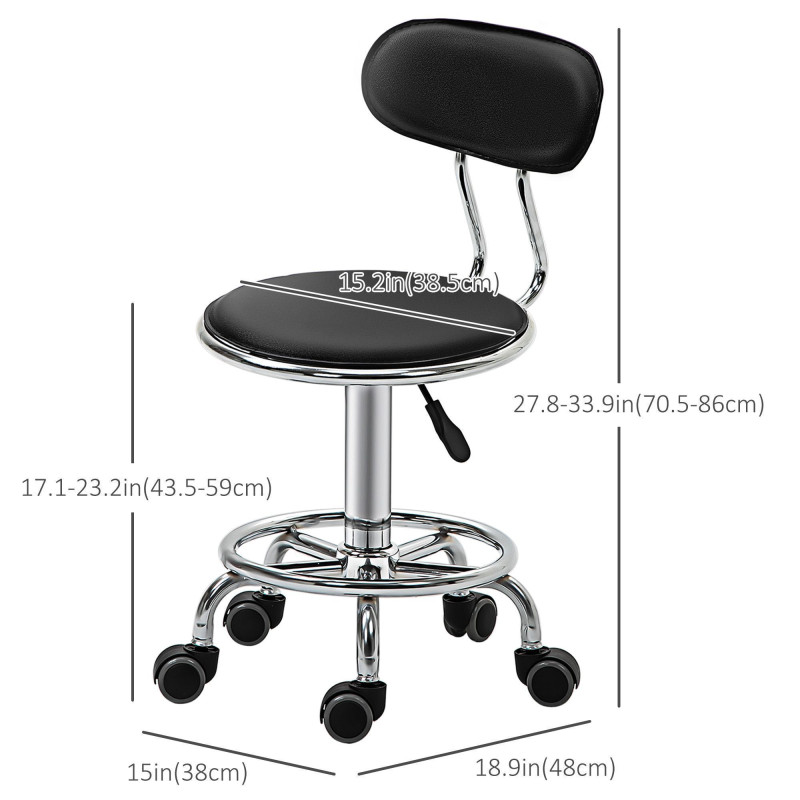 Faux Leather Salon Stool, Height Adjustable Rolling Stool with Footrest Ring, Back and Wheels for Beauty, Tattoo, Black