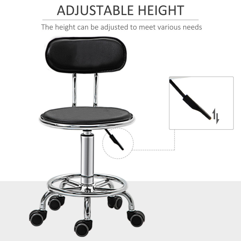 Faux Leather Salon Stool, Height Adjustable Rolling Stool with Footrest Ring, Back and Wheels for Beauty, Tattoo, Black