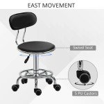Faux Leather Salon Stool, Height Adjustable Rolling Stool with Footrest Ring, Back and Wheels for Beauty, Tattoo, Black
