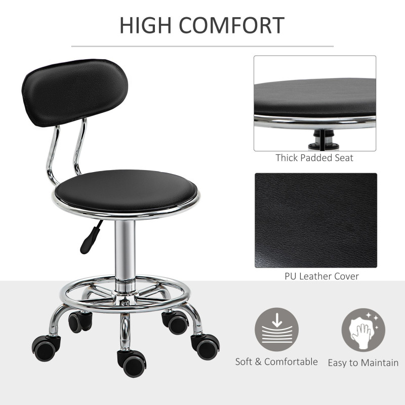 Faux Leather Salon Stool, Height Adjustable Rolling Stool with Footrest Ring, Back and Wheels for Beauty, Tattoo, Black
