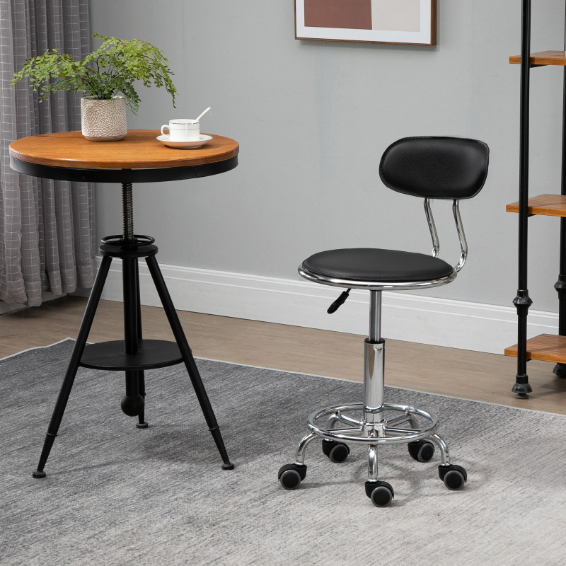 Faux Leather Salon Stool, Height Adjustable Rolling Stool with Footrest Ring, Back and Wheels for Beauty, Tattoo, Black