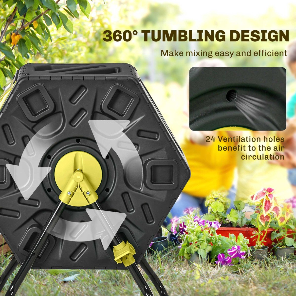 Rotating Composter, Compost Bin with 24 Vents and Steel Legs, 17 Gallon, Yellow