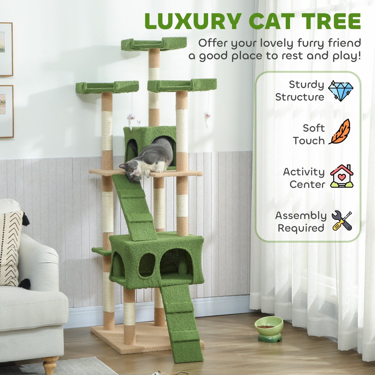 68-inch Multi-Level Cat Scratching Tree Kitty Activity Center Post Tower Condo Pet Furniture w/ Toy Green