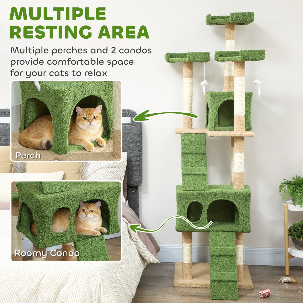 68-inch Multi-Level Cat Scratching Tree Kitty Activity Center Post Tower Condo Pet Furniture w/ Toy Green