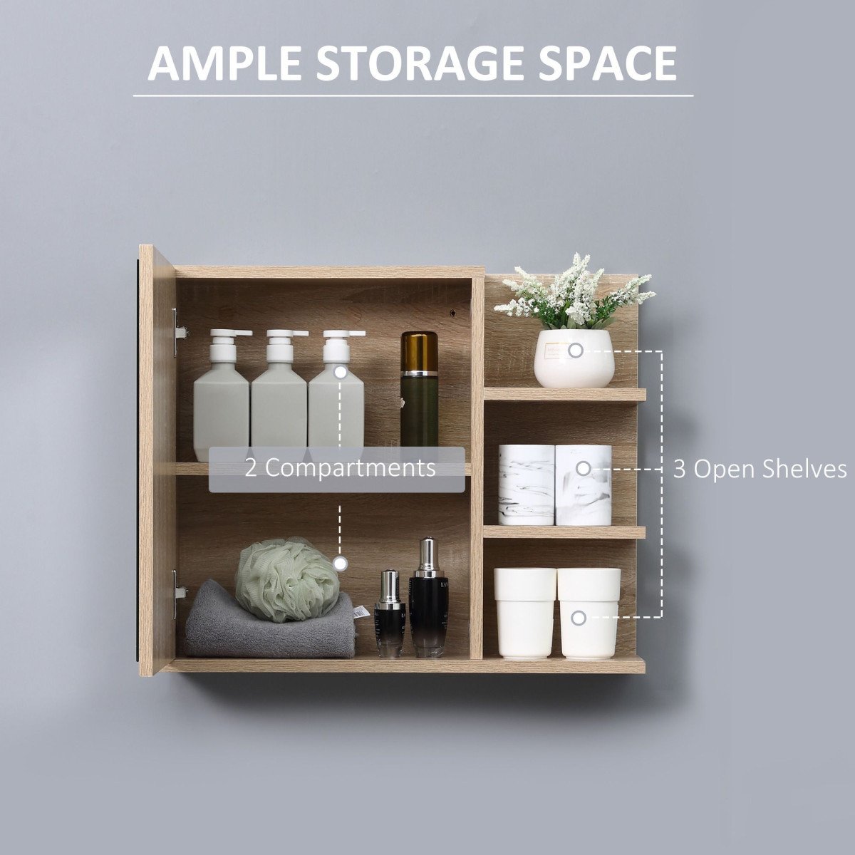 Medicine Cabinet with Mirror, Wall Mounted Bathroom Mirror Cabinet, Bathroom Wall Cabinet with 3 Open Shelves, Natural
