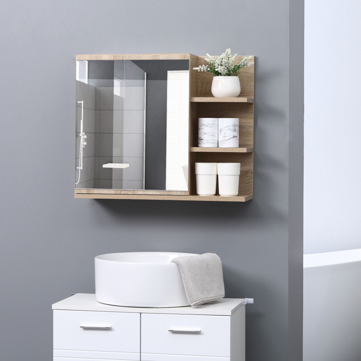Medicine Cabinet with Mirror, Wall Mounted Bathroom Mirror Cabinet, Bathroom Wall Cabinet with 3 Open Shelves, Natural