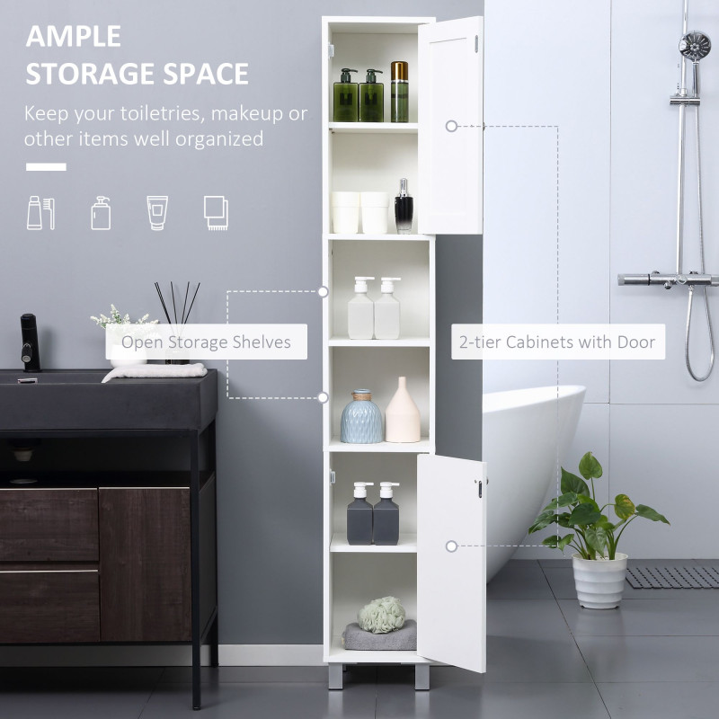 Tall Bathroom Storage Cabinet with Mirror, Freestanding Narrow Linen Tower Cabinet with Adjustable Shelves for Bathroom, White
