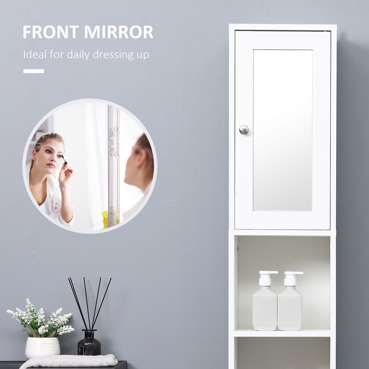 Tall Bathroom Storage Cabinet with Mirror, Freestanding Narrow Linen Tower Cabinet with Adjustable Shelves for Bathroom, White