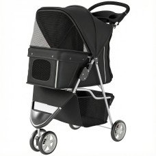 3 Wheels Foldable Dog Stroller with Storage Basket, Adjustable Canopy, Cupholder for Miniature and Small Dogs, Black