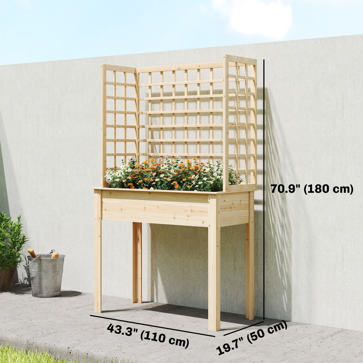 Wooden Raised Garden Bed with 3 Trellises, Outdoor Raised Planter with Drainage Holes