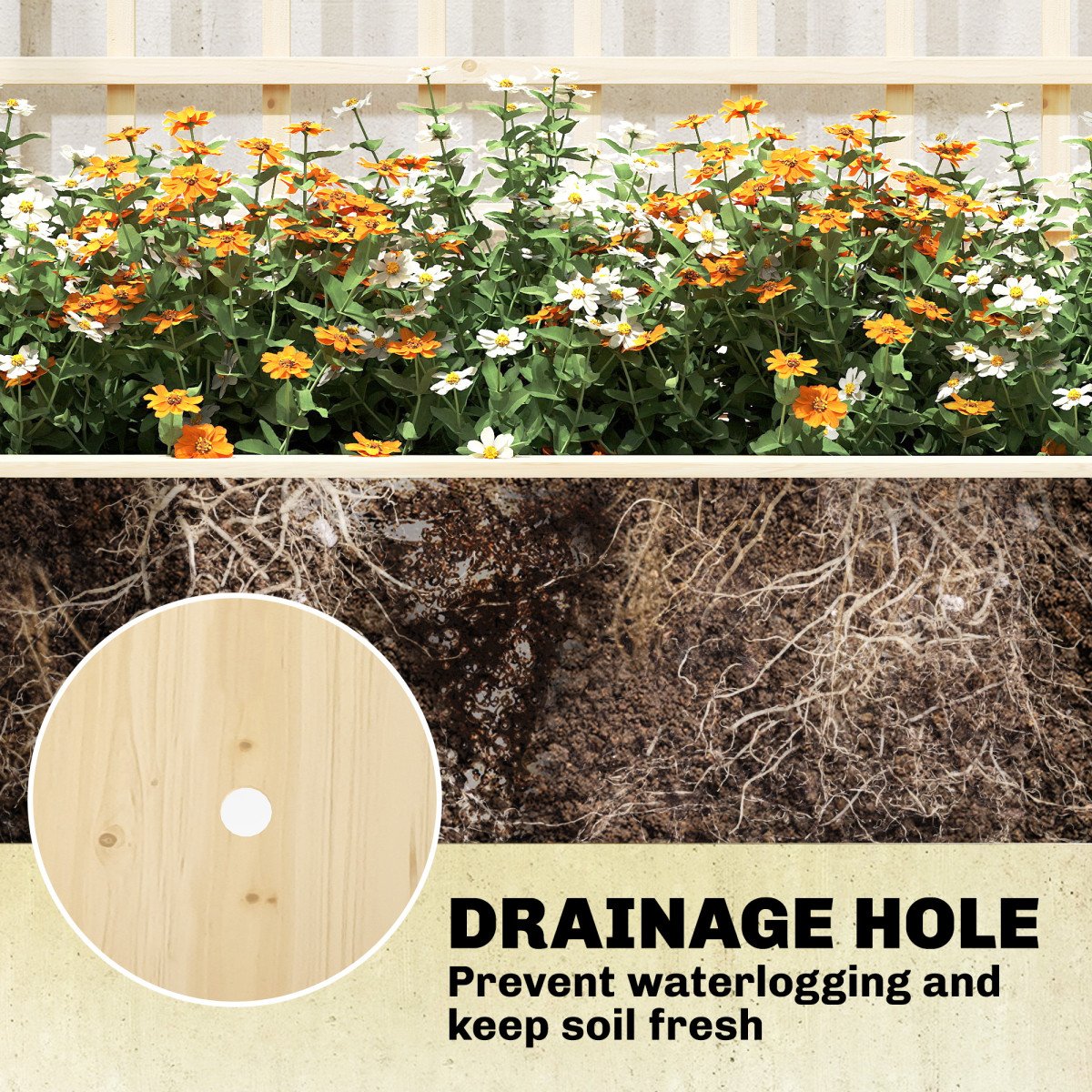 Wooden Raised Garden Bed with 3 Trellises, Outdoor Raised Planter with Drainage Holes