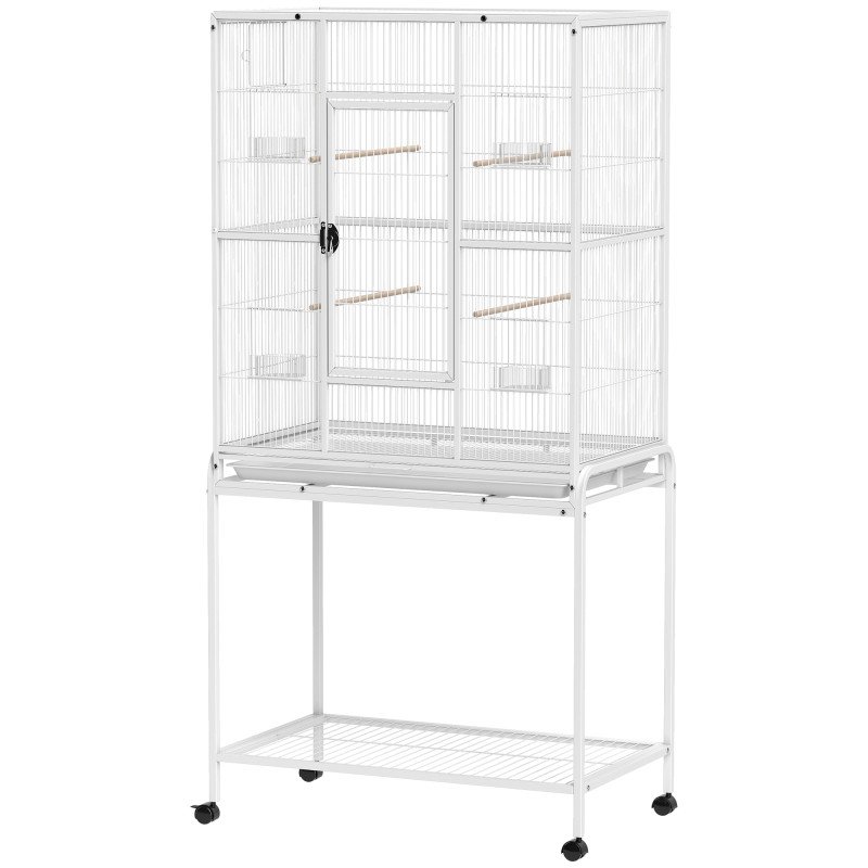 64" Large Rolling Bird Cage Bird House with Detachable Rolling Stand, Storage Shelf, Wood Perch Food Container, White