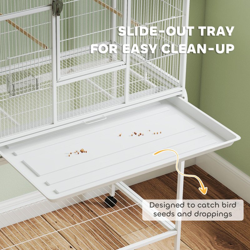 64" Large Rolling Bird Cage Bird House with Detachable Rolling Stand, Storage Shelf, Wood Perch Food Container, White