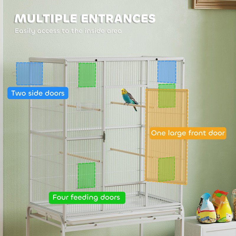 64" Large Rolling Bird Cage Bird House with Detachable Rolling Stand, Storage Shelf, Wood Perch Food Container, White