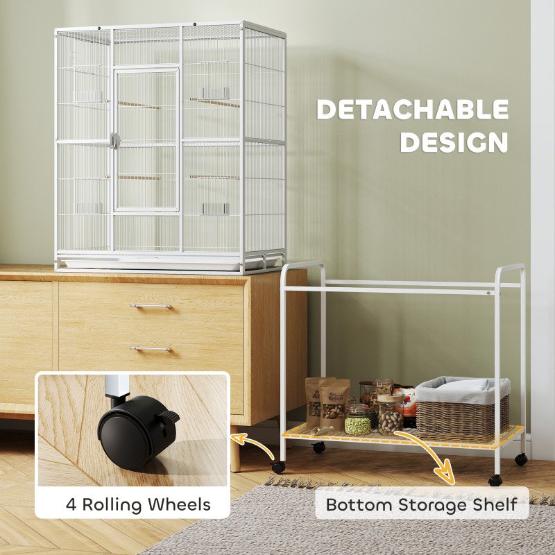 64" Large Rolling Bird Cage Bird House with Detachable Rolling Stand, Storage Shelf, Wood Perch Food Container, White