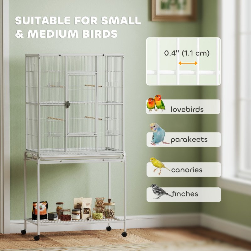 64" Large Rolling Bird Cage Bird House with Detachable Rolling Stand, Storage Shelf, Wood Perch Food Container, White
