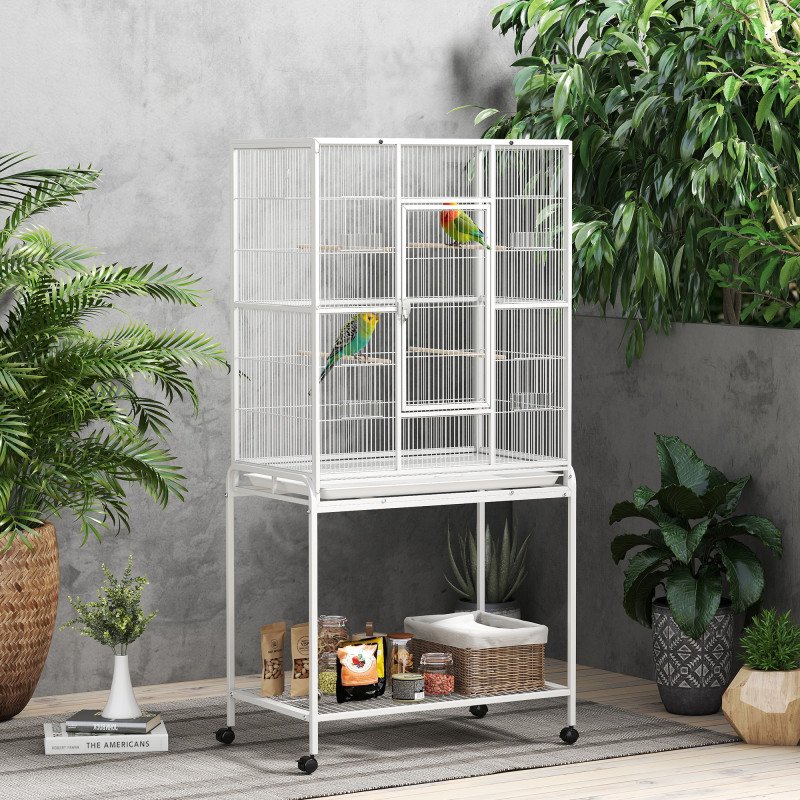 64" Large Rolling Bird Cage Bird House with Detachable Rolling Stand, Storage Shelf, Wood Perch Food Container, White
