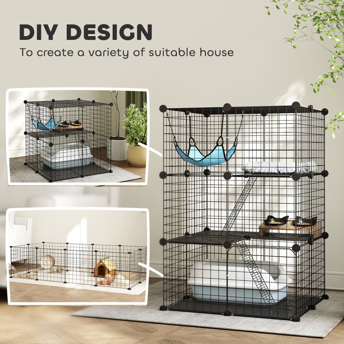 3 Tier Cat Cage Crate, DIY Pet Playpen with 3 Doors, Ladders, Hammock, Platforms, Indoor Playpen for Kittens, Black