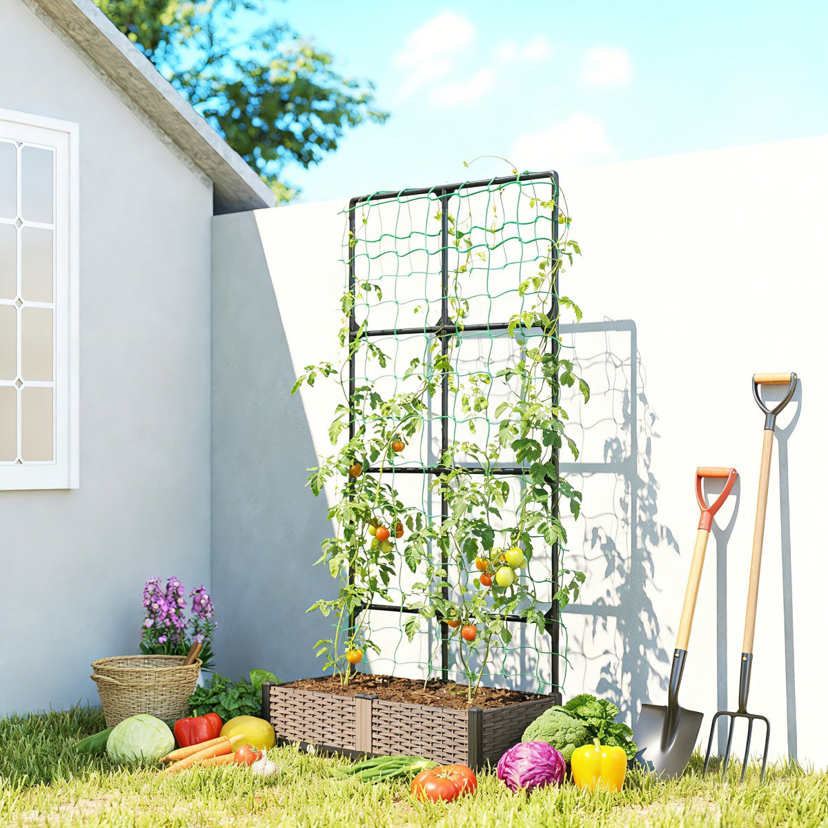 2PCS Plastic Planter Box with Trellis, Self-Watering Raised Garden Bed with Trellis and Netting