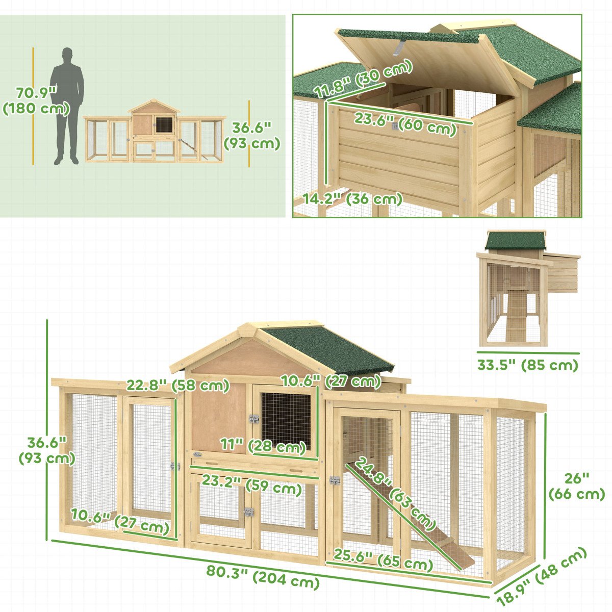 Wooden Chicken Coop, Outdoor Backyard Garden Large Rabbit Hutch with Nesting Box, Run, Ramp, Drawer