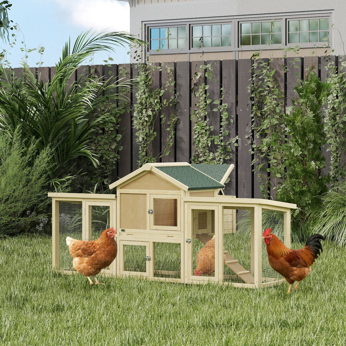 Wooden Chicken Coop, Outdoor Backyard Garden Large Rabbit Hutch with Nesting Box, Run, Ramp, Drawer
