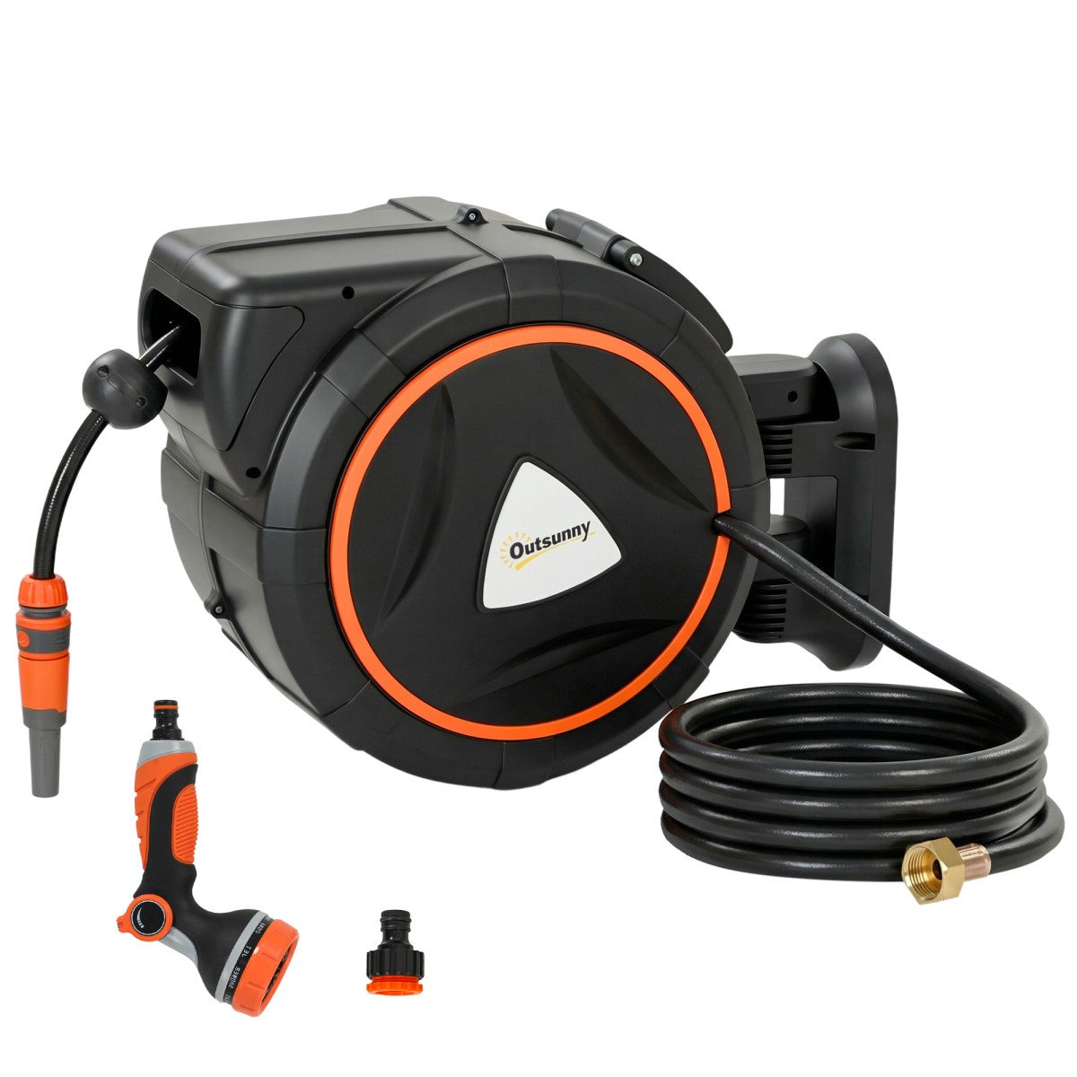 Retractable Garden Hose Reel, 1/2" x 92ft Wall Mounted Hose Reel with 12-Pattern Nozzles, Auto Retraction, Self-Locking