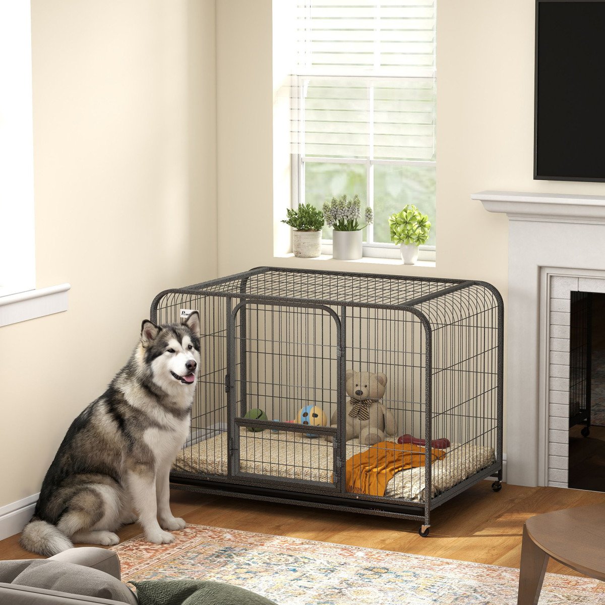 48 Inch Heavy Duty Dog Crate, Large Metal Dog Cage with Lockable Wheels and Removable Tray