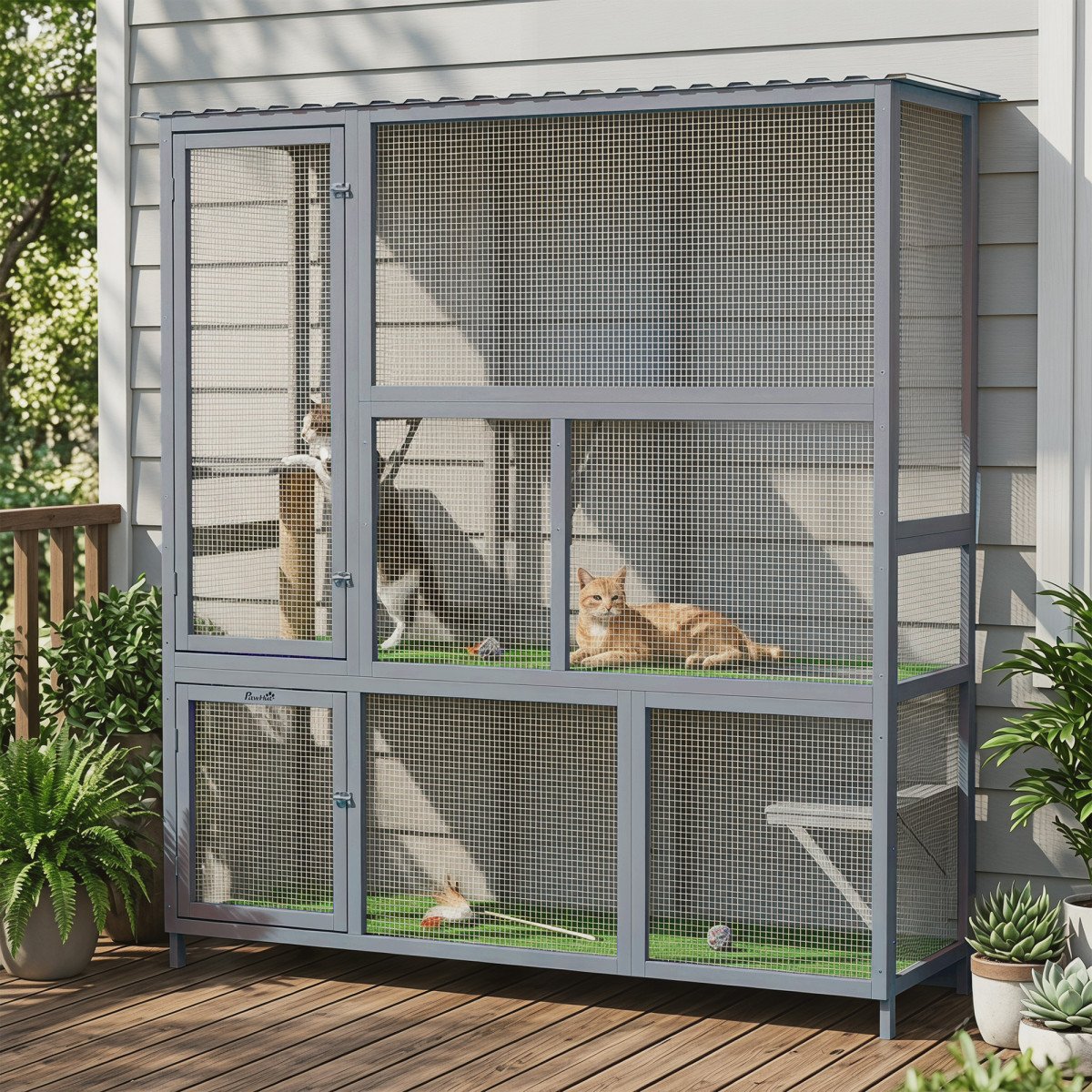 Catio Outdoor Cat Enclosure, 77" H Wooden Cat House with Weatherproof Roof, Platforms and Scratching Post