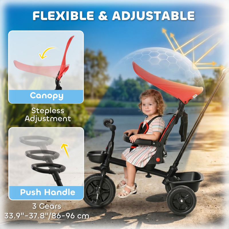 Qaba Kids Tricycle 4 In 1 Trike with Reversible Angle Adjustable Seat Removable Handle Canopy Handrail Belt Storage Footrest Brake Clutch for 1-5 Years Old Red