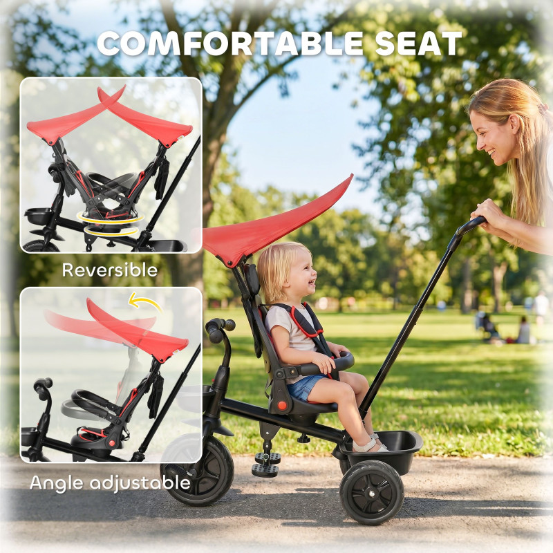 Qaba Kids Tricycle 4 In 1 Trike with Reversible Angle Adjustable Seat Removable Handle Canopy Handrail Belt Storage Footrest Brake Clutch for 1-5 Years Old Red