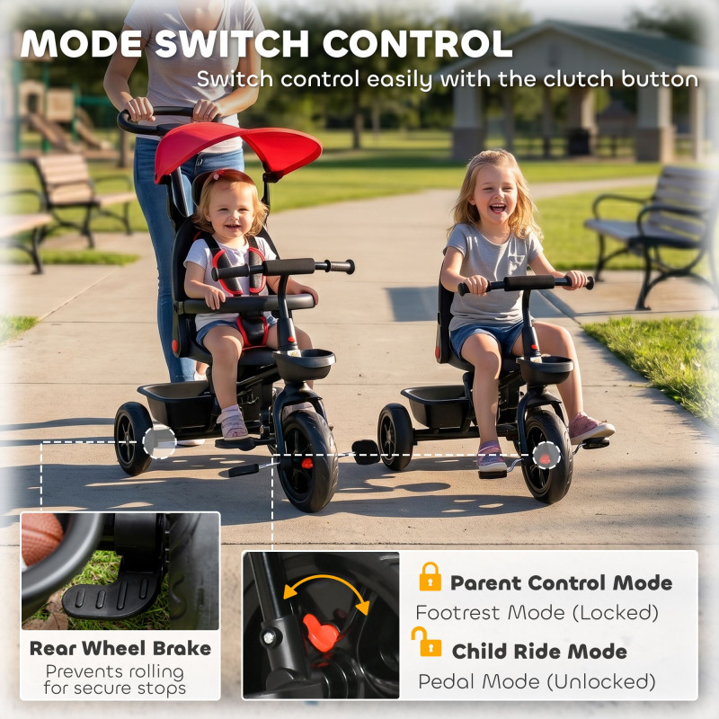 Qaba Kids Tricycle 4 In 1 Trike with Reversible Angle Adjustable Seat Removable Handle Canopy Handrail Belt Storage Footrest Brake Clutch for 1-5 Years Old Red