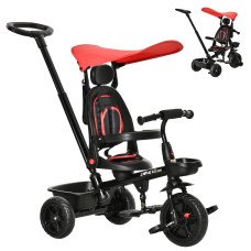 Qaba Kids Tricycle 4 In 1 Trike with Reversible Angle Adjustable Seat Removable Handle Canopy Handrail Belt Storage Footrest Brake Clutch for 1-5 Years Old Red