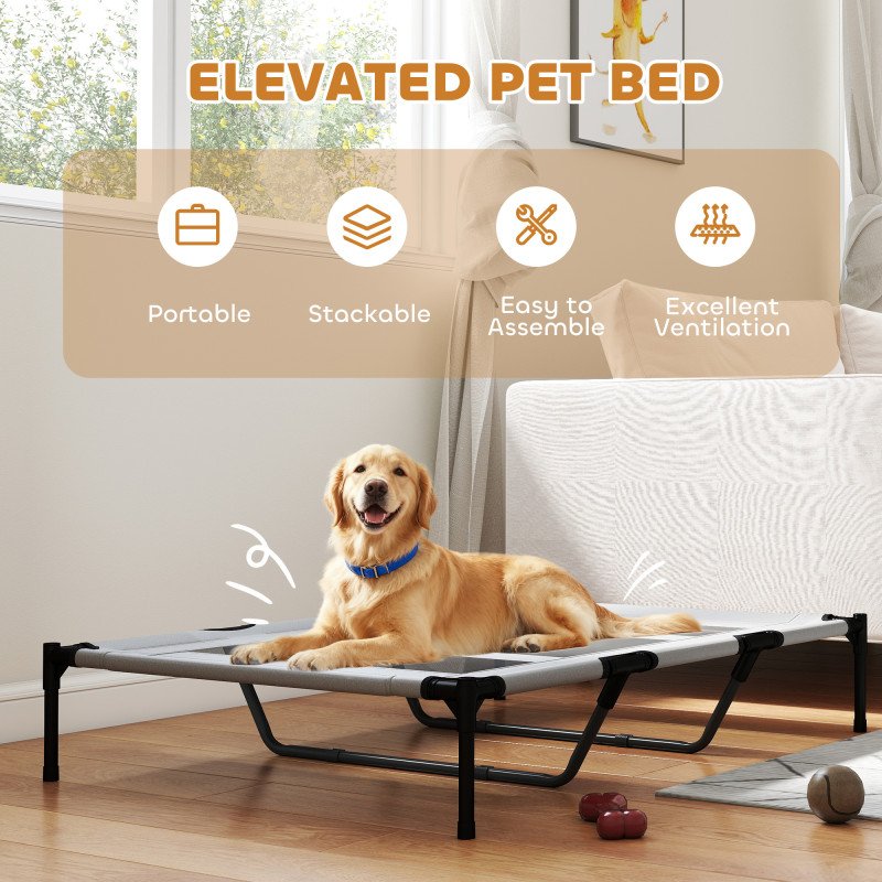 Elevated Dog Bed, Raised Dog Cot for XL Sized Dogs, Indoor & Outdoor, 48" x 36" x 9", Light Grey