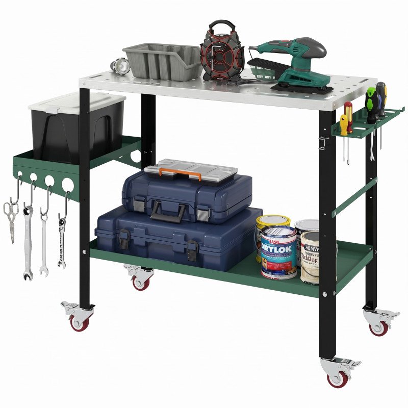 2Tier Rolling Welding Table, Lockable Steel Heavy Duty Welding Workbench Table with Side Tray, Silver & Green