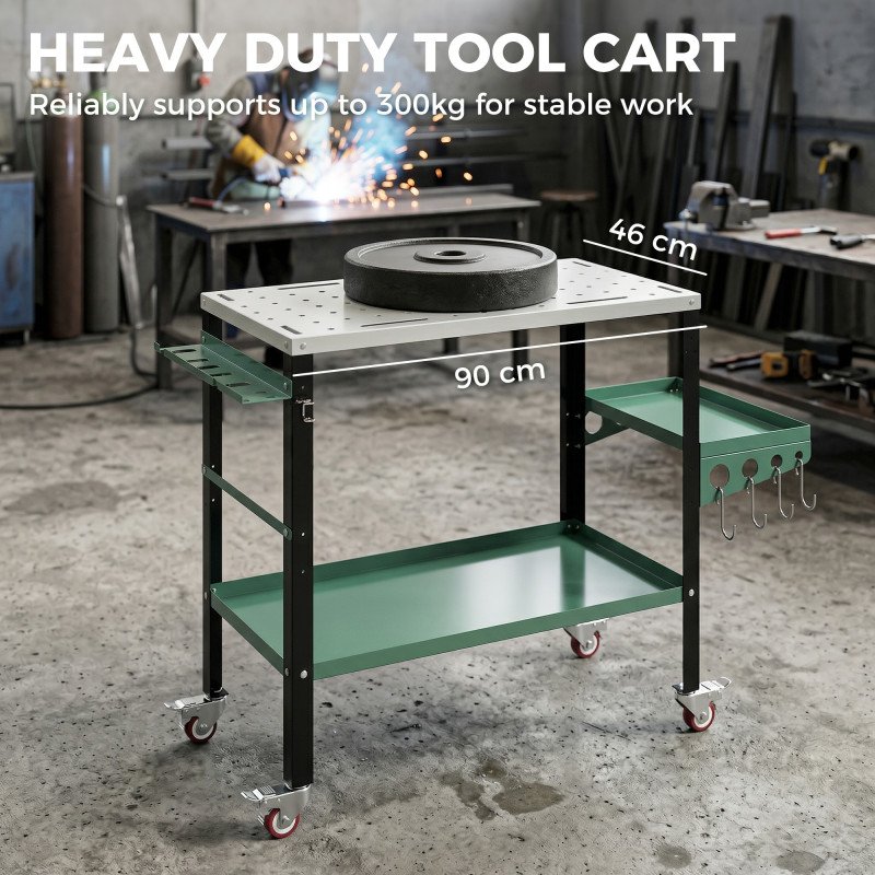 2Tier Rolling Welding Table, Lockable Steel Heavy Duty Welding Workbench Table with Side Tray, Silver & Green