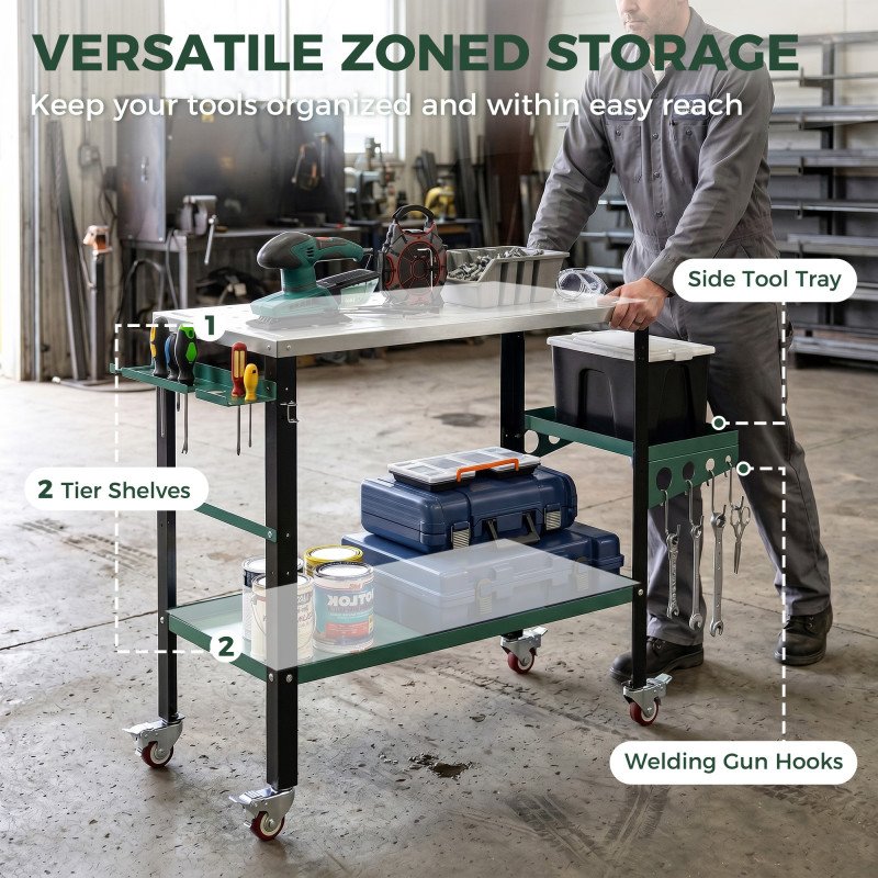 2Tier Rolling Welding Table, Lockable Steel Heavy Duty Welding Workbench Table with Side Tray, Silver & Green