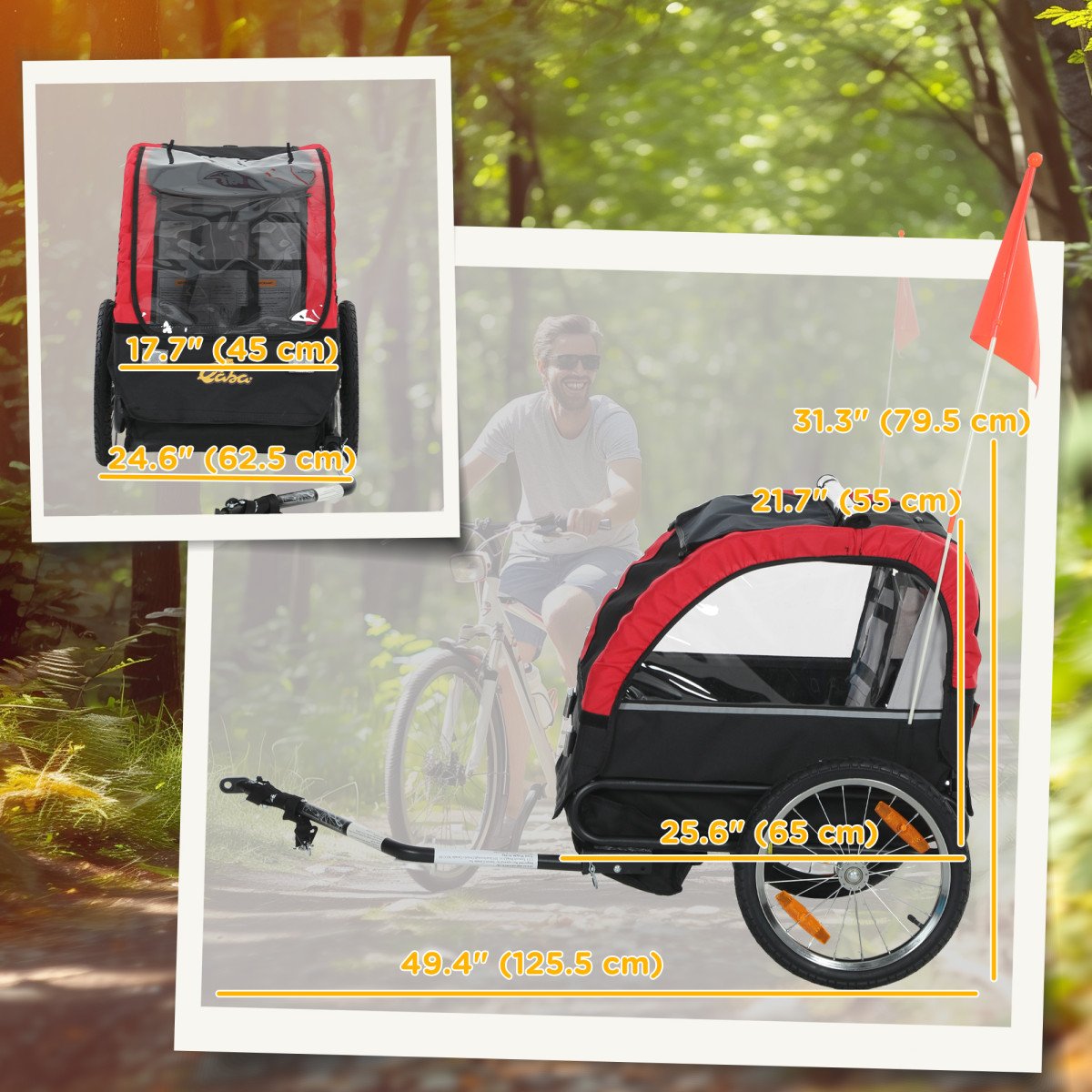 Qaba Bike Trailer for Kids, Baby Bicycle Trailer with 5-Point Harness, 16" Rubber Wheels, Storage Bag, for 18+ Months, Red