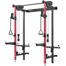 Soozier Foldable Power Cage, Space-Saving Power Rack with Pull-Up Bar, Cable Pulley System, 1540 lbs Capacity