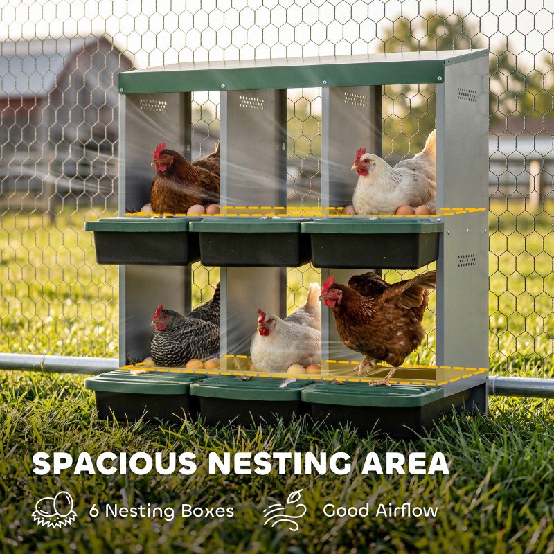 Chicken Nesting Boxes, 6 Compartment Metal Nesting Boxes for Chicken Coop, Egg Laying Boxes with Lid Cover