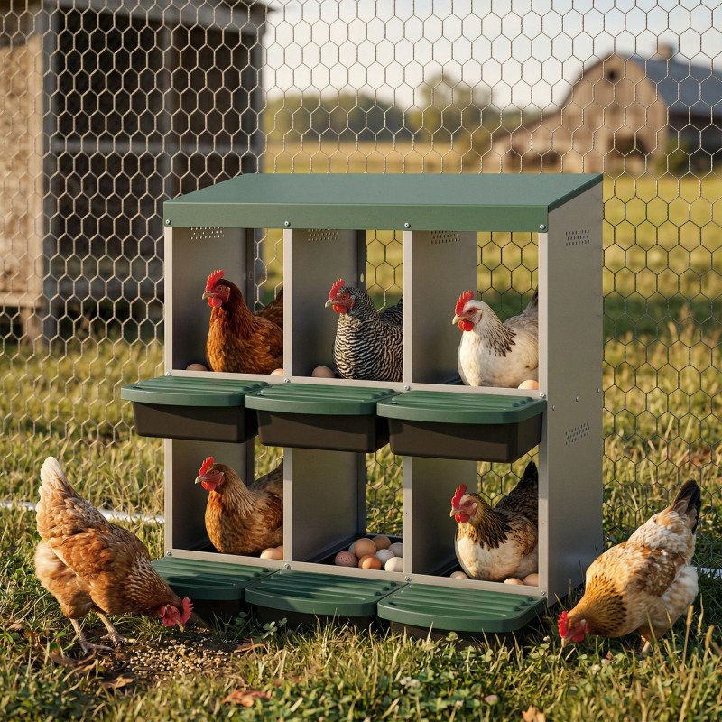 Chicken Nesting Boxes, 6 Compartment Metal Nesting Boxes for Chicken Coop, Egg Laying Boxes with Lid Cover